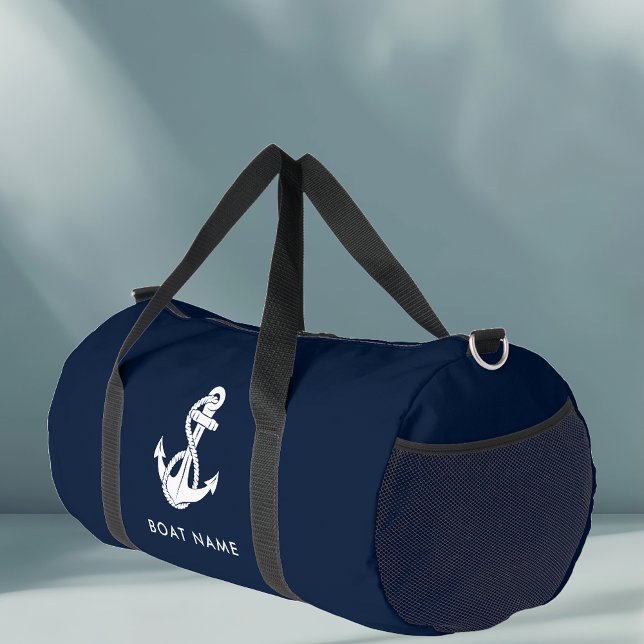 Nautical Anchor Navy Blue Boat Name Crew Duffle Bag (Nautical Anchor Navy Blue Duffle Bag)