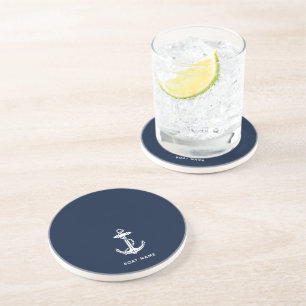 Nautical Anchor Navy Blue Boat Name Custom Cruise Coaster