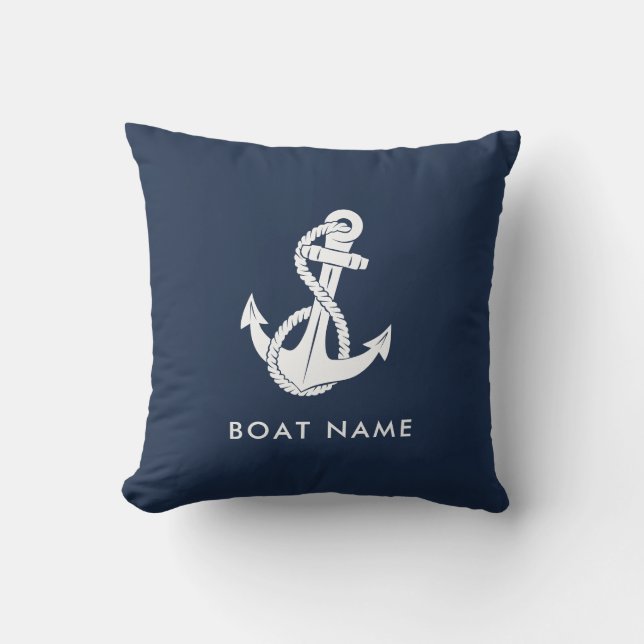 Nautical Anchor Navy Blue Boat Name Custom Cushion (Front)