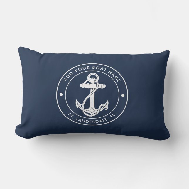 Nautical Anchor Navy Blue Boat Name Custom Lumbar Cushion (Front)