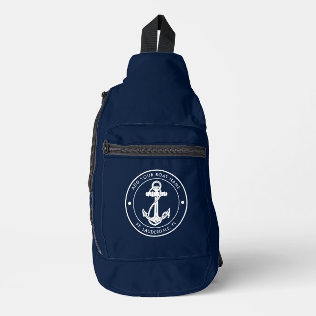 Nautical Anchor Navy Blue Boat Name Custom Sling Bag (Front)