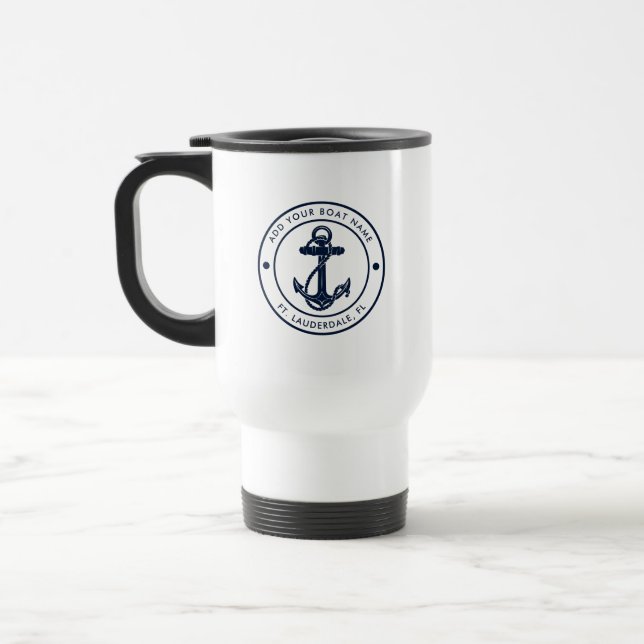 Nautical Anchor Navy Blue Boat Name Custom Travel Mug (Left)