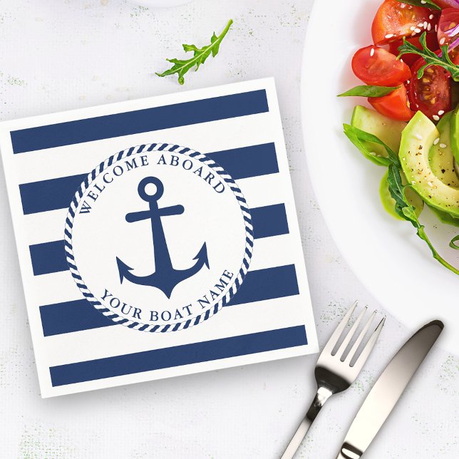 Nautical Anchor Navy Blue Boat Name Napkin (Creator Uploaded)