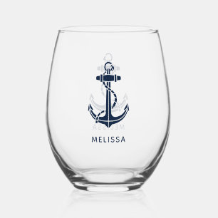 Nautical Anchor Navy Blue Boat Name Personalised Stemless Wine Glass