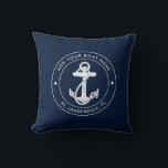 Nautical Anchor Navy Blue Captain Boat Name Custom Cushion<br><div class="desc">Add your boat name, and dock by clicking the "Personalise" button above. Set sail in style with our custom nautical-themed boat pillow, the ultimate companion for your maritime adventures. This pillow boasts a cute design inspired by the ocean's wonders, featuring classic maritime motifs such as an anchor and rope. Whether...</div>