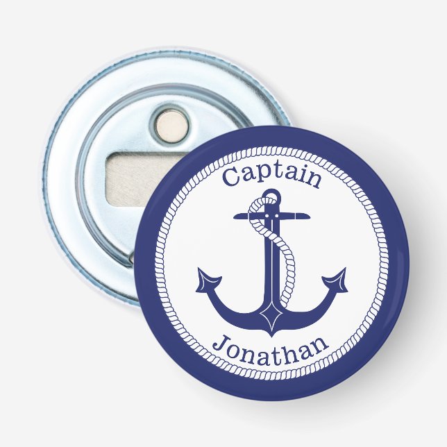 Nautical Anchor Navy Blue Captain Personalised Bottle Opener (Front)