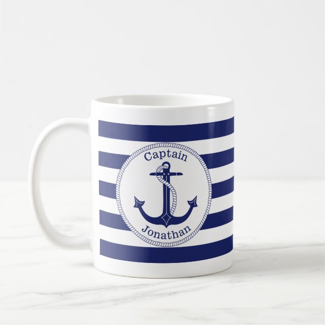 Nautical Anchor Navy Blue Captain Personalised Coffee Mug (Left)