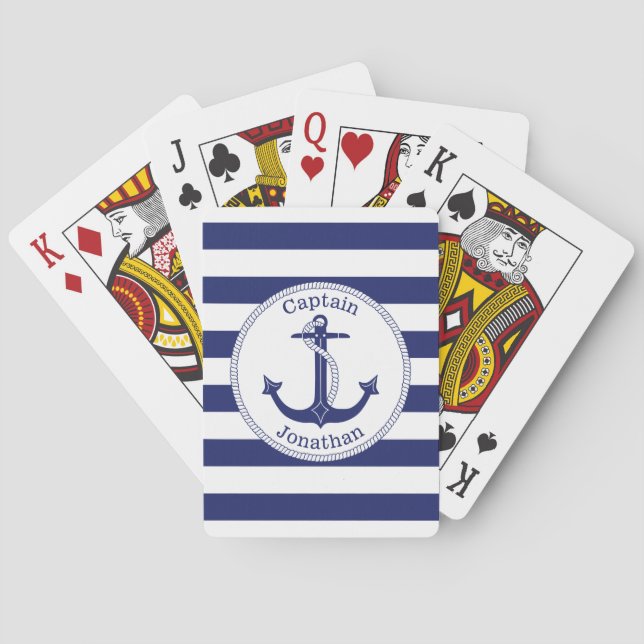 Nautical Anchor Navy Blue Captain Personalised Playing Cards (Back)