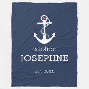 Nautical Anchor Navy Blue Caption Personalised Fleece Blanket