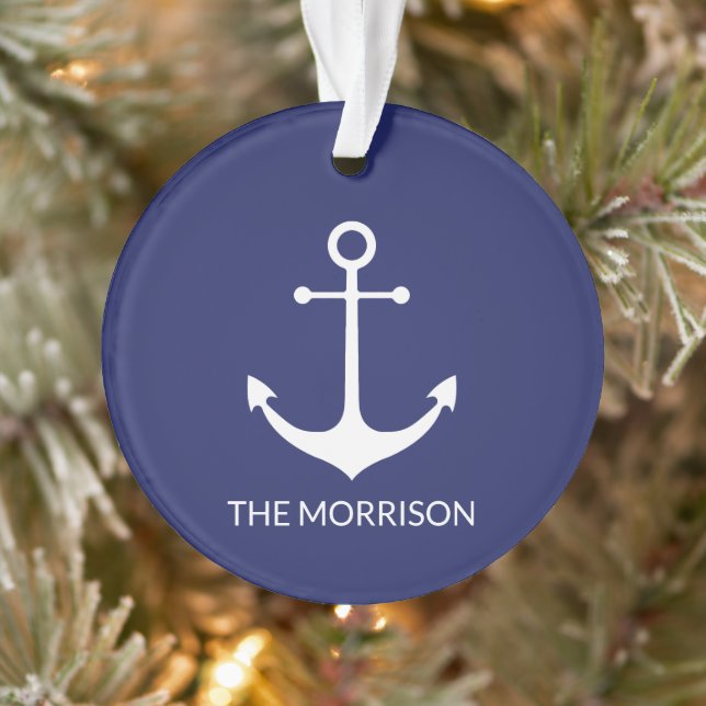 Nautical anchor navy blue custom boat family name  ornament (Tree)