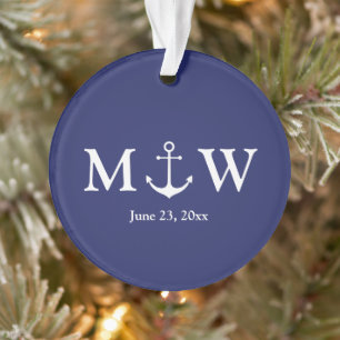 Nautical anchor navy blue custom couple initials ornament