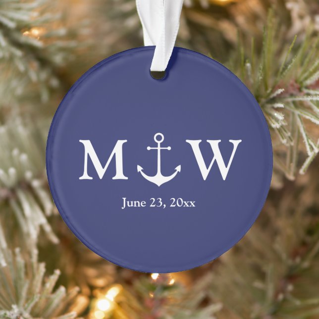 Nautical anchor navy blue custom couple initials ornament (Tree)