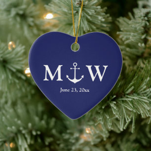Nautical anchor navy blue custom couple monogram ceramic tree decoration