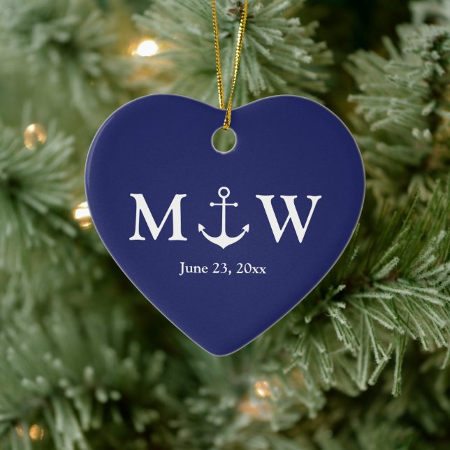 Nautical anchor navy blue custom couple monogram ceramic tree decoration (Tree)