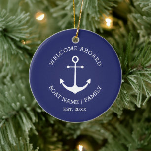 Nautical Anchor navy blue custom Welcome Aboard Ceramic Tree Decoration