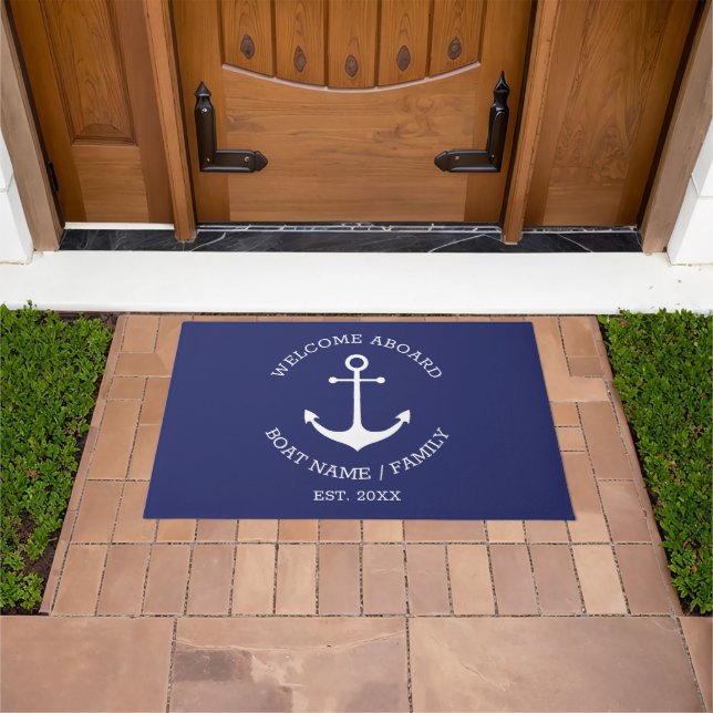Nautical anchor navy blue custom welcome aboard  doormat (Outdoor)