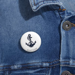 Nautical Anchor Navy Blue Cute Boat Name Custom 6 Cm Round Badge<br><div class="desc">The nautical anchor design not only adds a timeless aesthetic but also complements any boating enthusiast's collection. Featuring your boat's name,  and a navy blue anchor and rope,  personalise to create a unique gear for your boat. Makes a great giveaway for everyone.</div>