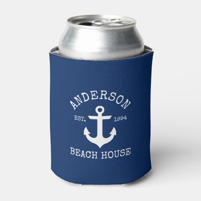 Nautical Anchor Navy Blue Family Beach House Can Cooler (Can Front)