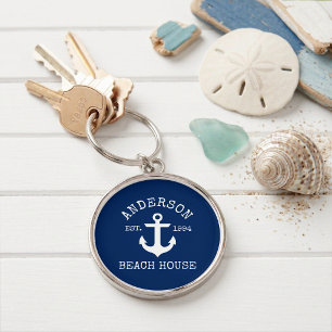 Nautical Anchor Navy Blue Family Beach House Key Ring