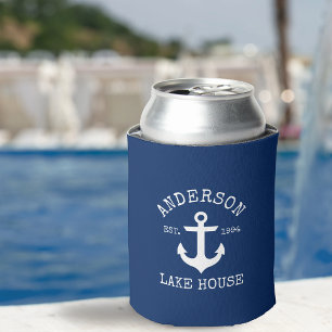 Nautical Anchor Navy Blue Family Lake House Can Cooler