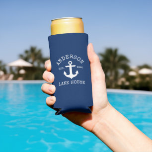 Nautical Anchor Navy Blue Family Lake House Seltzer Can Cooler