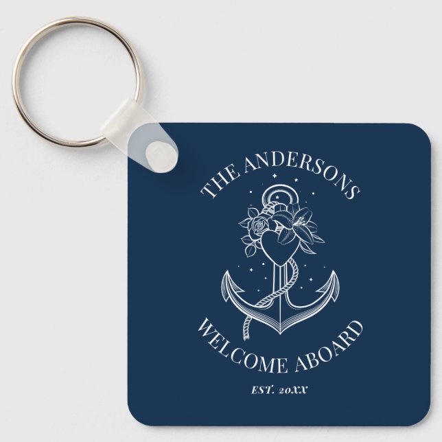 Nautical Anchor Navy Blue Family Name Key Ring (Front)