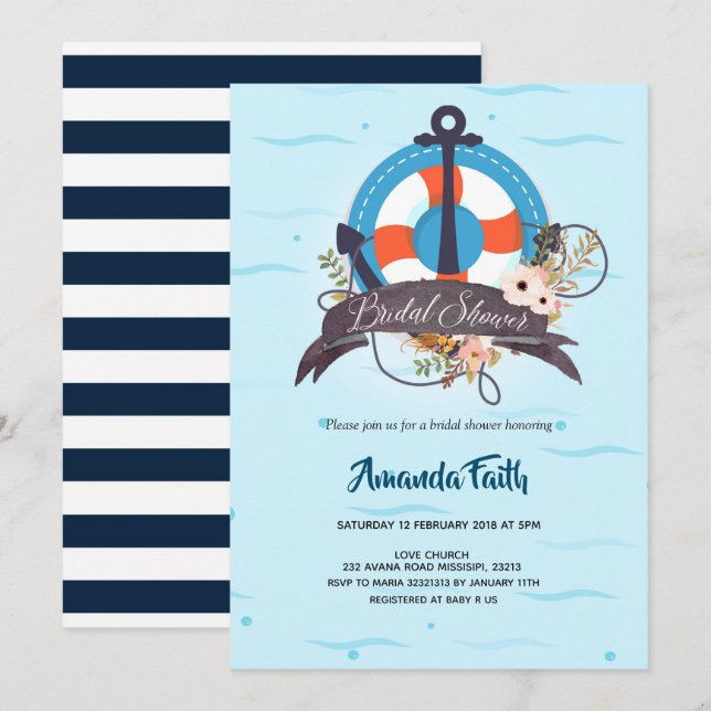 Nautical Anchor Navy Blue Floral Baby Shower Invitation (Front/Back)