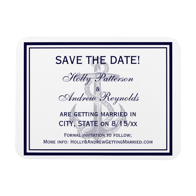 Nautical Anchor Navy Blue Framed 2 Save the Date Magnet (Horizontal)
