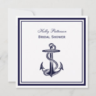 Nautical Anchor Navy Blue Framed 2SQ Bridal Shower Invitation