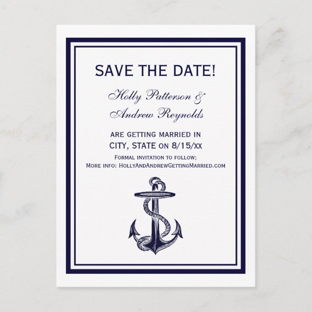 Nautical Anchor Navy Blue Framed 2V Save the Date Announcement Postcard (Front)