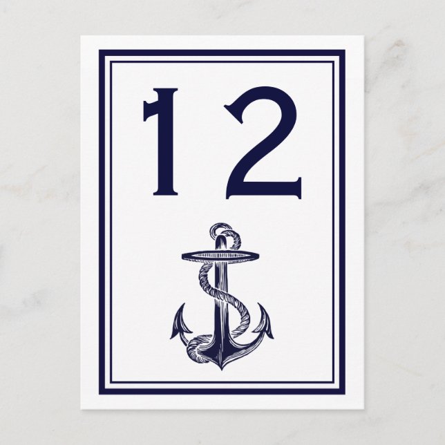 Nautical Anchor Navy Blue Framed 2V Table Number Postcard (Front)