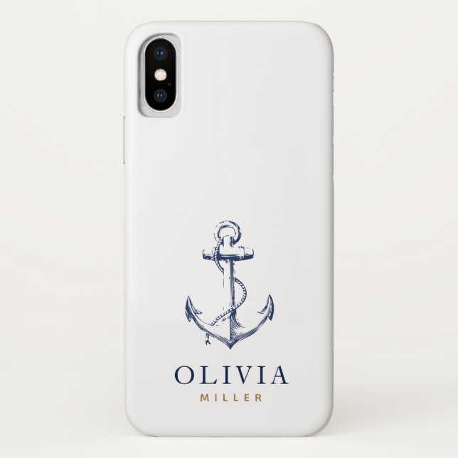 Nautical Anchor Navy Blue Gold Monogram Case-Mate iPhone Case (Back)