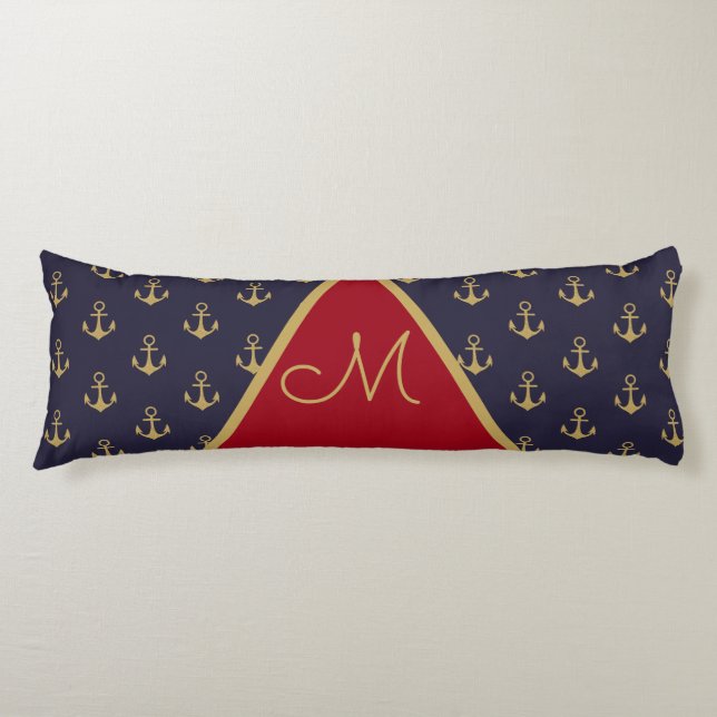 Nautical Anchor Navy Blue Gold Red Monogram Body Cushion (Front)