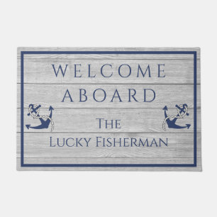 Nautical Anchor Navy Blue Grey Wood Boat Home Do Doormat