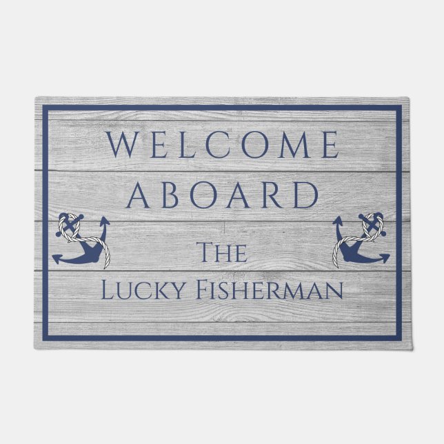 Nautical Anchor Navy Blue Grey Wood Boat | Home Do Doormat (Front)
