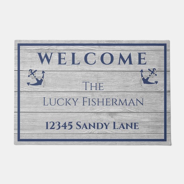 Nautical Anchor Navy Blue Grey Wood Boat | Home  Doormat (Front)