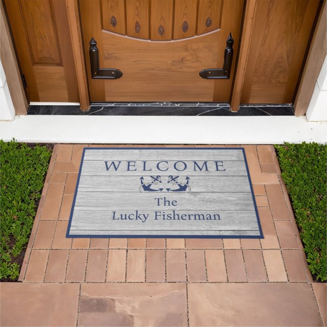 Nautical Anchor Navy Blue Grey Wood Boat | Home  Doormat (Outdoor)