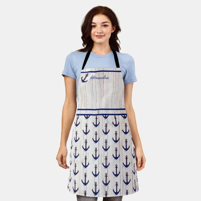 Nautical Anchor Navy Blue Monogram Name White Wood Apron (Worn)