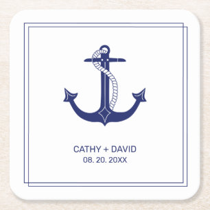 Nautical Anchor Navy Blue Monogram Names Wedding Square Paper Coaster