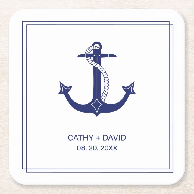 Nautical Anchor Navy Blue Monogram Names Wedding Square Paper Coaster (Front)