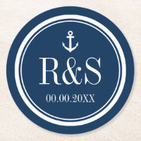 Nautical anchor navy blue monogram wedding coaster