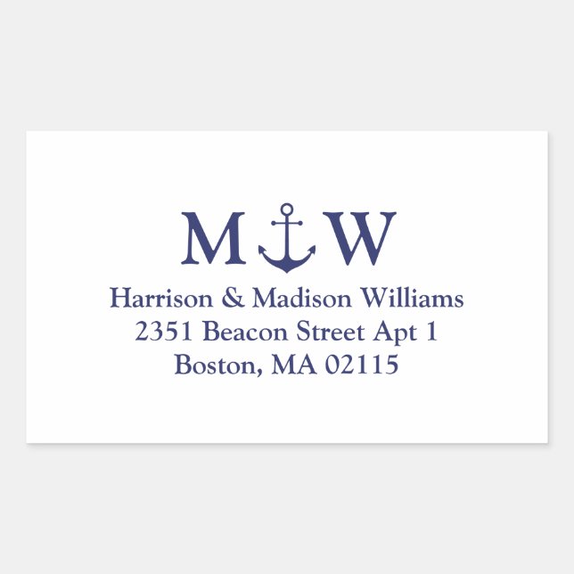Nautical anchor navy blue monogram wedding rectangular sticker (Front)