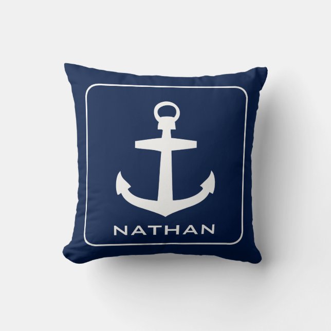 Nautical Anchor Navy Blue Name Custom Cushion (Front)