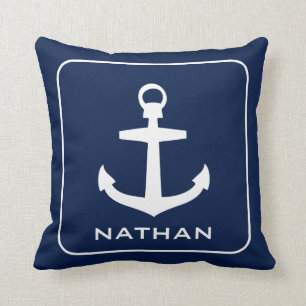 Nautical Anchor Navy Blue Name Custom Cushion