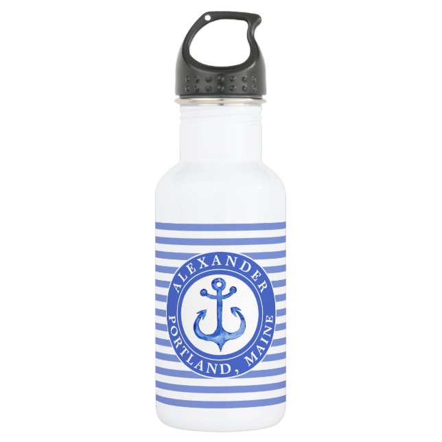 Nautical Anchor Navy Blue Personalised  532 Ml Water Bottle (Front)