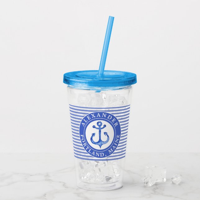 Nautical Anchor Navy Blue Personalised Acrylic Tumbler (Back Ice)