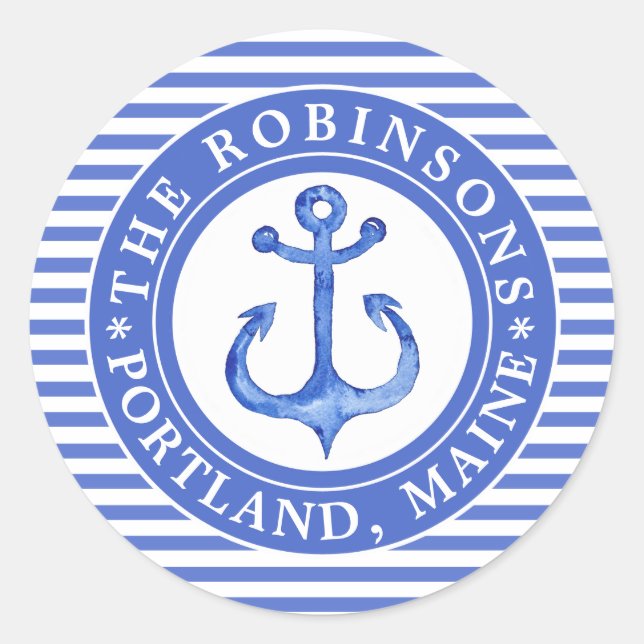 Nautical Anchor Navy Blue Personalised Classic Round Sticker (Front)