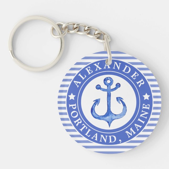 Nautical Anchor Navy Blue Personalised Key Ring (Front)