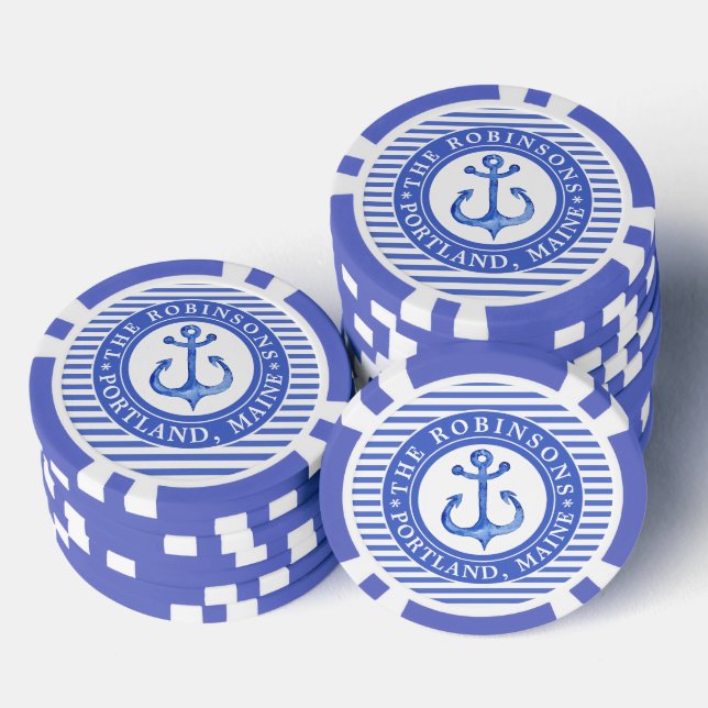 Nautical Anchor Navy Blue Personalised Poker Chips (Stack)