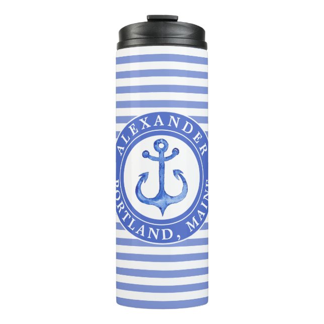 Nautical Anchor Navy Blue Personalised Thermal Tumbler (Front)